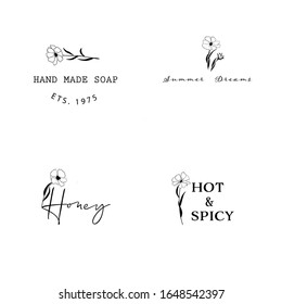 Botanical Simple Hand Drawn Logo with Wild Flower and Leaves. Minimalist Floral Logo for spa and beauty salon, boutique, organic shop, wedding , floral designer, photography, cosmetic, hand made. 