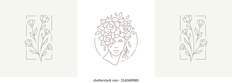 Botanical simple linear icon set in frames with female blossom portrait and wild cute flowers bouquet pastel vector illustration. Monochrome logo for wedding card beauty spa salon cosmetic studio