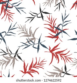 Botanical sketch drawing seamless pattern. Branches with leaves scattered random. Trendy abstract color vector texture. Fashion prints, fabric, design, clothing. Hand drawn leaf on white background