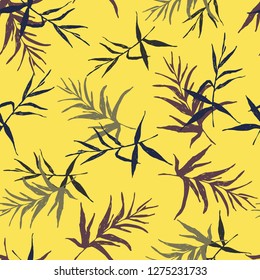 Botanical sketch drawing seamless pattern. Branches with leaves scattered random. Trendy abstract color vector texture. Fashion prints, fabric, design, clothing. Hand drawn leaf on yellow background
