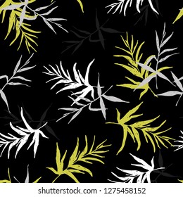 Botanical sketch drawing seamless pattern. Branches with leaves scattered random. Trendy abstract color vector texture. Fashion print, fabric, design, clothing. Hand drawn leaf on black background