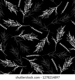 Botanical sketch drawing seamless pattern. Branches with leaves scattered random. Trendy abstract monochrome vector texture. Fashion print, fabric, design, cloth. Hand drawn leaf on black background
