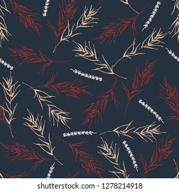 Botanical sketch drawing seamless pattern. Branches with leaves scattered random. Trendy abstract color vector texture. Fashion print, fabric, design, clothing. Hand drawn leaf on blue background
