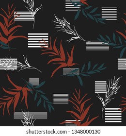 Botanical sketch drawing seamless pattern. Branches with leaves scattered random. Trendy abstract color vector texture. Fashion prints, fabric, design. Hand drawn leaf on black striped background