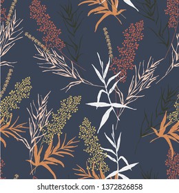 Botanical sketch drawing seamless pattern. Branches with flowers, leaves scattered random. Trendy abstract colorful vector texture. Fashion print, fabric, design. Hand drawn leaf on blue background