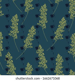 Dibujo botánico sin problemas. Ramas con flores esparcidas al azar. Textura vectorial de silueta abstracta de moda. Impresión de moda, tela, diseño, tela. Plantas dibujadas a mano sobre fondo azul