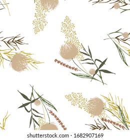 Dibujo botánico sin problemas. Ramas con flores, hojas esparcidas al azar. Textura vectorial abstracta de moda. Impresión de moda, tela, diseño. Plantas dibujadas a mano sobre fondo blanco