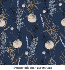 Botanical sketch drawing seamless pattern. Branches with flowers, leaves scattered random. Trendy abstract colorful vector texture. Fashion print, fabric, design. Hand drawn plants on blue background