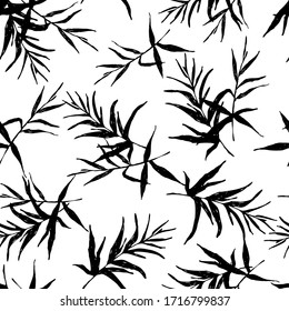 Dibujo botánico sin problemas. Ramas con hojas dispersas al azar. Textura abstracta monocromática de moda vectorial. Impresiones de moda, tela, diseño. Hoja dibujada a mano sobre fondo blanco