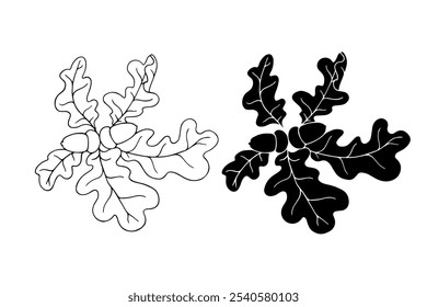 Botanical sketch, stamp, silhouette of an oak branch with acorns. Vector graphics.