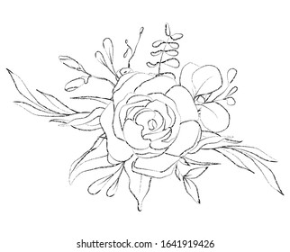 Botanical sketched floral bouquet. Line art hand drawn plants card.