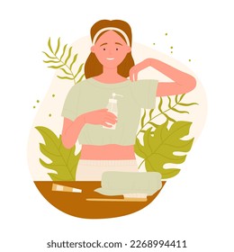 Botanical skincare routine. Woman face care products, natural cosmetics vector illustration