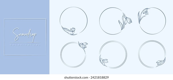 Botanischer Schneeflocken mit Blumenrahmen. Handgezeichnete runde Liniengrenze mit Winterblättern und Blumen für Hochzeitseinladung und Karten, Logo-Design, Social Media und Plakatvorlage. Elegante Minima