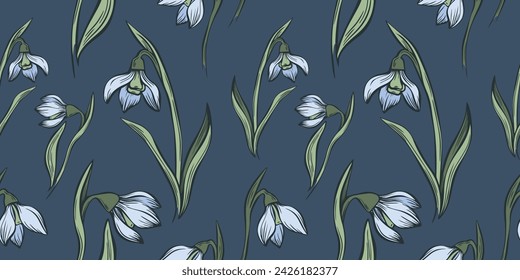 Botanical snowdrop flower seamless pattern. Hand drawn  line art with winter leaves and flowers for wedding invitation and cards, textile products, wrapping paper, wallpaper and posters template.