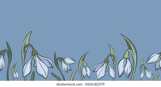 Botanical snowdrop flower seamless pattern. Hand drawn  line art with winter leaves and flowers for wedding invitation and cards, textile products, wrapping paper, wallpaper and posters template.