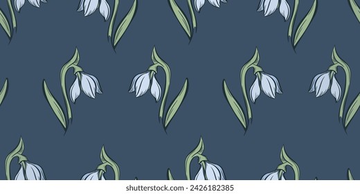 Botanical snowdrop flower seamless pattern. Hand drawn  line art with winter leaves and flowers for wedding invitation and cards, textile products, wrapping paper, wallpaper and posters template.