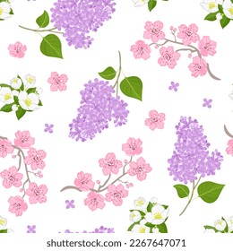 Botanical spring background. Seamless pattern with branches of lilac, cherry blossoms and jasmine flowers isolated on white. Vector floral cartoon illustration.