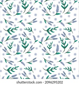 Botanical spring gentle seamless pattern with blue flowers and green leaves. Seamless vector illustration.