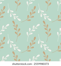 Botanical spring pattern with twigs hand drawn, white and gold branch on soft green background. Vector illustration