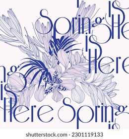 Botanical spring poster. Modern style, bright colors. Spring is coming. Typographical Background or poster.