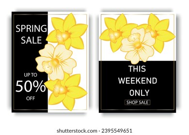 Botanical spring sale banner template design set, with narcissus flowers.Spring sale theme. Vector illustration.