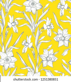 Botanical spring seamless pattern with silhouette of flowers daffodils, narcissus on light background. For floral design wallpaper, interior and home fabric, textile Vector Illustration