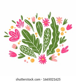 Botanical spring set, flowers, leaves, round spots