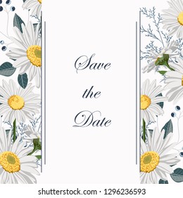 Botanical spring wedding invitation card template design, chamomile and herbs flowers composition frame on white background, vintage style.