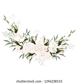 Botanical spring wedding invitation card design element, white roses flowers composition isolated on white background, vintage style.