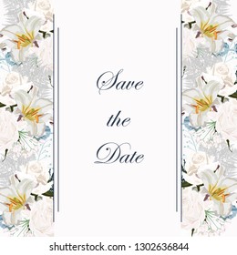 Botanical spring wedding invitation card template design, white roses and lilies, wild herbs composition frame on white background, vintage style. 