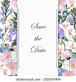 Botanical spring wedding invitation card template design, wild flowers and herbs composition frame on white background, vintage style. 