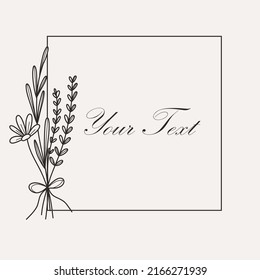 Botanical square frame. Hand drawn round line border, leaves and flowers, wedding invitation and cards, logo design and posters template. Elegant minimal style floral, vector isolated illustration