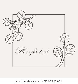 Botanischer quadratischer Rahmen. Handgezeichnete runde Linie, Äste mit Blättern, Hochzeitseinladung und Karten, Logo-Design und Plakatvorlage. Elegante minimale Blumenstil, einzelne Vektorgrafik