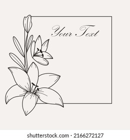 Botanical square frame. Hand drawn round line border, leaves and lily flowers, wedding invitation and cards, logo design and posters template. Elegant minimal style floral vector isolated illustration