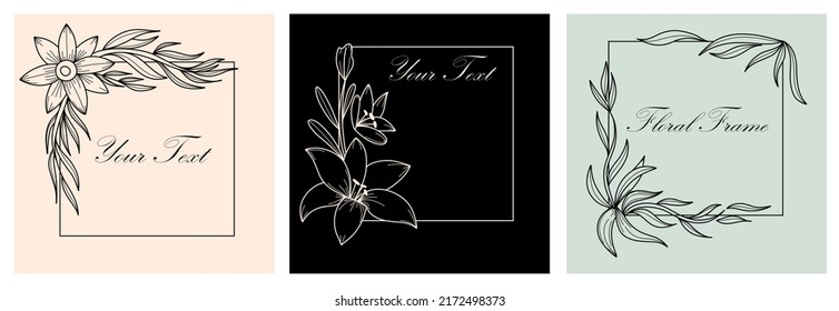 Marco cuadrado botánico. Borde de línea redonda dibujado a mano, hojas y flores, invitación de boda y tarjetas, diseño de logotipo y plantilla de afiches. Elegante estilo minimalista floral, conjunto vectorial aislado