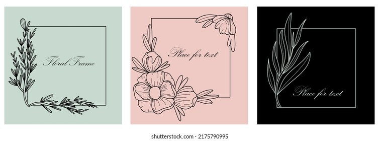 Botanical square frame. Hand drawn round line border, leaves and flowers, wedding invitation and cards, logo design and posters template. Elegant minimal style floral, vector isolated set