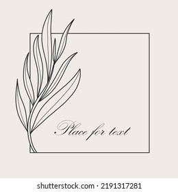 Botanical square frame. Hand drawn round line border, branches with leaves, wedding invitation and cards, logo design and posters template. Elegant minimal style floral, vector isolated illustration