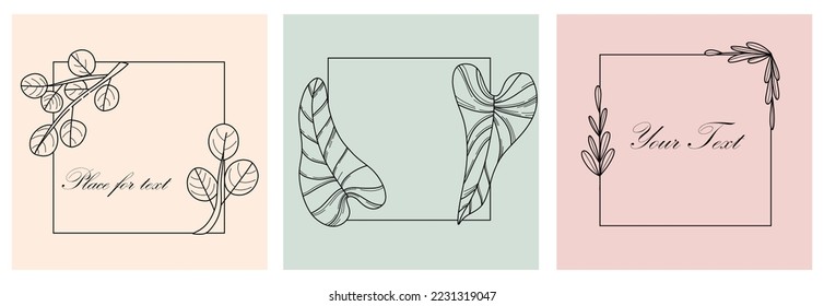 Botanical square frame. Hand drawn round line border, leaves and flowers, wedding invitation and cards, logo design and posters template. Elegant minimal style floral, vector isolated set