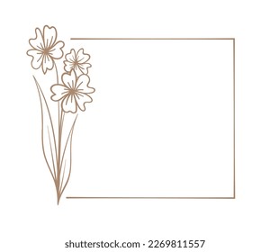 Botanical square frame. Hand drawn line border, leaves and flowers, wedding invitation cards, logo design, posters template. Elegant minimal style