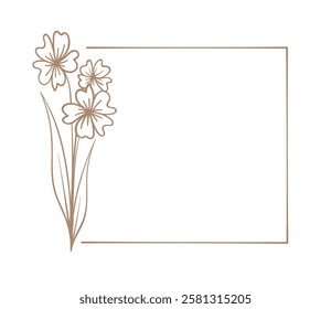 Botanical square frame. Hand drawn line border, leaves and flowers, wedding invitation cards, logo design, posters template. Elegant minimal style