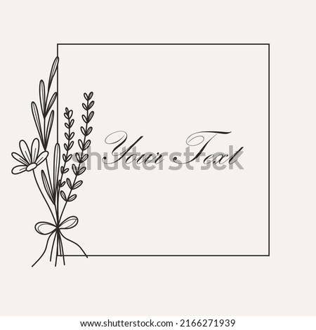 Botanical square frame. Hand drawn round line border, leaves and flowers, wedding invitation and cards, logo design and posters template. Elegant minimal style floral, vector isolated illustration