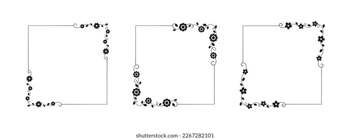Botanical square frame set. Hand drawn line border, leaves and flowers, wedding invitation and cards, logo design and posters template. Elegant minimal style floral vector isolated