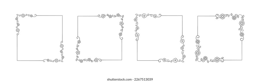 Botanical square frame set. Hand drawn line border, leaves and flowers, wedding invitation and cards, logo design and posters template. Elegant minimal style floral vector isolated