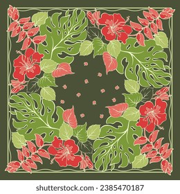Botanical square pattern with exotic tropical leaves and flowers. Floral hand-drawn ornament with detailed jungle plants with an atmosphere of summer and relaxation. The scarf, bandana. Vector.