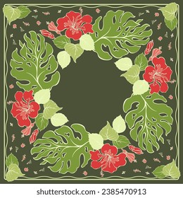 Patrón cuadrado botánico con hojas tropicales exóticas y flores. Ornamento floral hecho a mano con plantas de selva detalladas con un ambiente de verano y relajación. La bufanda, bandana. Vector.