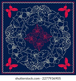 Botanical square pattern with tropical flowers and butterflies. Outline plants. Hibiscus, orchid. The hand-drawn light line on dark blue. The Scarf pattern design. Bandana. Vector illustration.