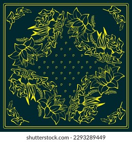 Botanical square pattern with tropical leaves and flowers. Hand-drawn silhouettes of decorative plants. The yellow line on dark blue. The Scarf pattern design. Bandana. Vector illustration.