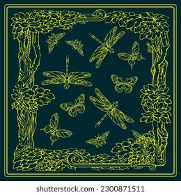 Botanical square pattern with tropical plants, dragonflies, and butterflies. Hand-drawn silhouettes of insects and trees. Yellow line on dark blue. The Scarf pattern design. Bandana. Vector.