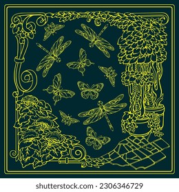 Botanical square pattern with tropical plants, dragonflies, and butterflies. Hand-drawn silhouettes of insects and trees. The yellow line on dark blue. The Scarf pattern design. Bandana. Vector.