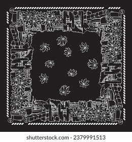 Botanical square pattern with tropical plants in flowerpots. Hand-drawn silhouettes of exotic plants. White line on black. The Scarf pattern design. Floral Bandana with flowers and leaves. Vector.